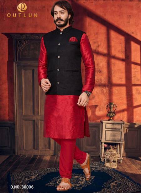 Red And Black Colour Exclusive Art Silk Festive Wear Kurta Pajama With Jacket Mens Collection 30006